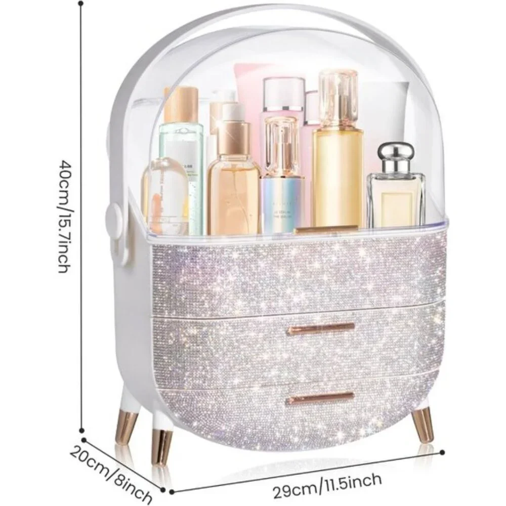 Oval Egg-Shaped Makeup Storage Box, Portable Vanity Organizer - Rhinestone White